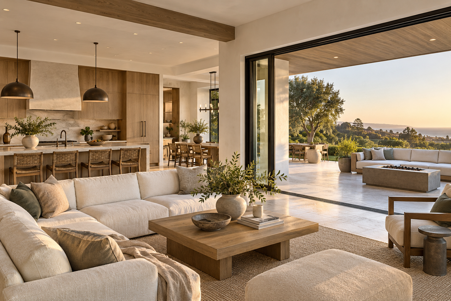 Architectural concept of an updated Southern California living space with oak cabinetry and an open patio